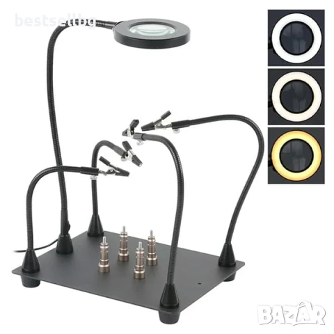 Увеличителна настолна лупа магнитна станция за запояване с LED осветление трета помощна ръка щипки к, снимка 6 - Поялници и запояване - 50876444