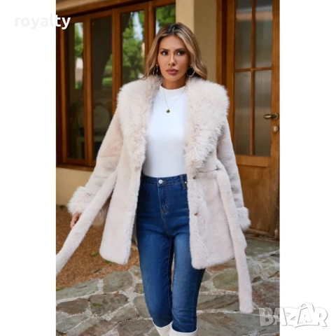 Дамско еко-палто с колан и шал яка, снимка 4 - Палта, манта - 52528469