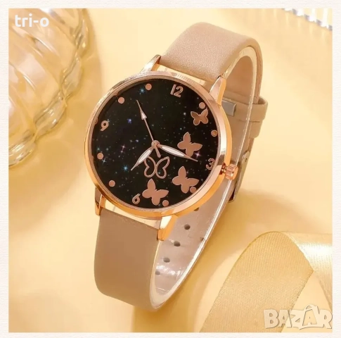 Дамски моден кварцов часовник с пеперуди + 5 гривни, без кутия, снимка 5 - Дамски - 52586690