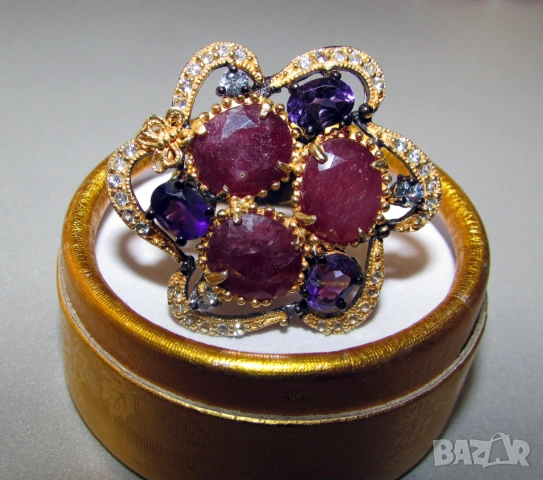 925 сребърен пръстен с родиево и златно покритие, камъни рубин 12 карата, 11x9мм, , снимка 3 - Пръстени - 53755817