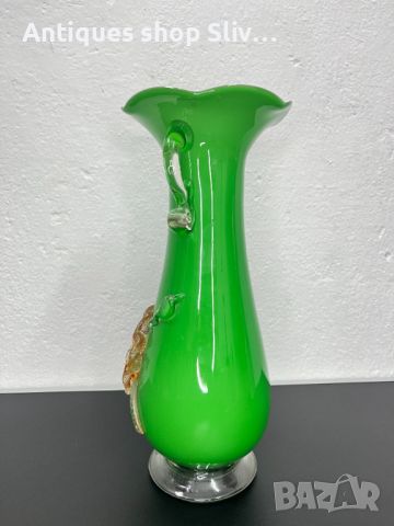 Винтидж зелена стъклена ваза. №5395, снимка 6 - Антикварни и старинни предмети - 45761590