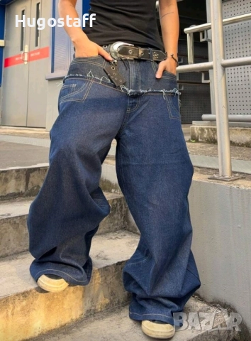 Нови baggy Casual Loose Fit Jeans дънки панталони карго двойни черно сини дизайн размер 34, снимка 4 - Дънки - 52513383