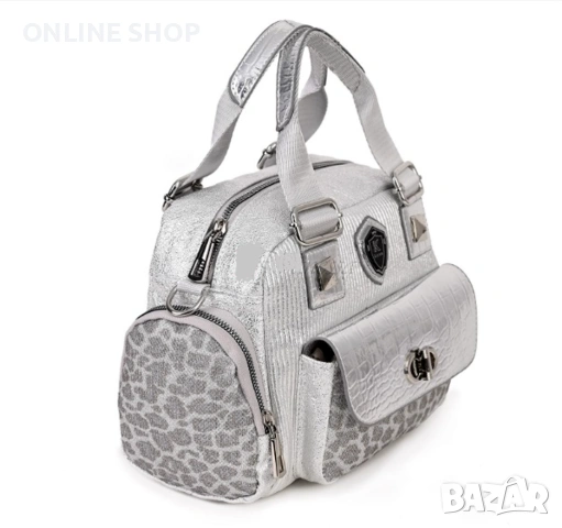 Луксозна Дамска чанта от висококачествена  кожа във сребрист цвят, снимка 7 - Чанти - 53587491