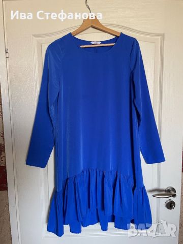Разкошна къса синя ежедневно елегантна широка кройка рокля волани къдри , снимка 4 - Рокли - 46440026