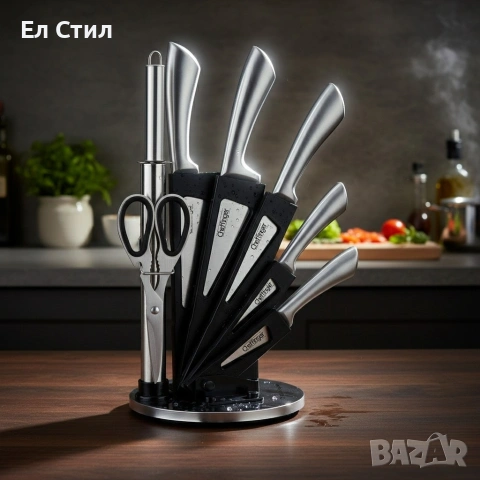 Комплект ножове 8 части със стойка Cheffinger – неръждаема стомана, въртяща се акрилна поставка 360°, снимка 5 - Прибори за хранене, готвене и сервиране - 53565437
