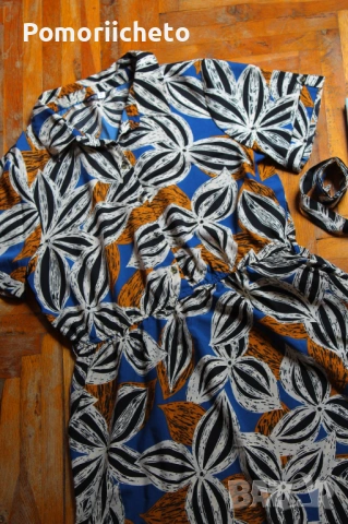 Къса рокля с яка и ръкави с флорални мотиви, джобове, снимка 3 - Рокли - 54127567