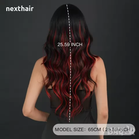 Ефектна черна перука с червени кичури с дълъг бретон, снимка 9 - Аксесоари за коса - 51313988