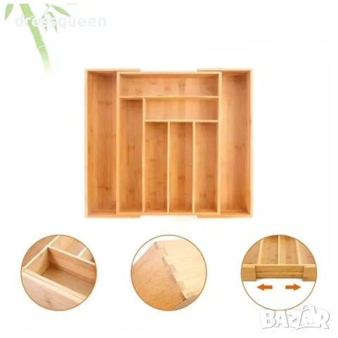 4729 Универсален разделител за прибори от бамбук – Регулируем размер с допълнителни секции, снимка 3 - Други - 53779283