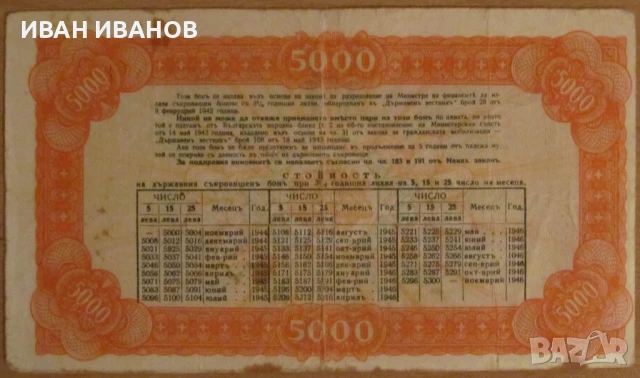 Държавен Съкровищен Бон 5 000 лева 1944 година, снимка 2 - Нумизматика и бонистика - 50578631