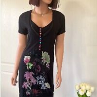 Desigual L, XL- Лятна рокля в черно с флорален принт и разноцветни копченца , снимка 2 - Рокли - 45679155