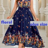 Рокля голям размер, Елегантна рокля на цветя, Флорална рокля, Рокля голям размер, снимка 1 - Рокли - 45482204