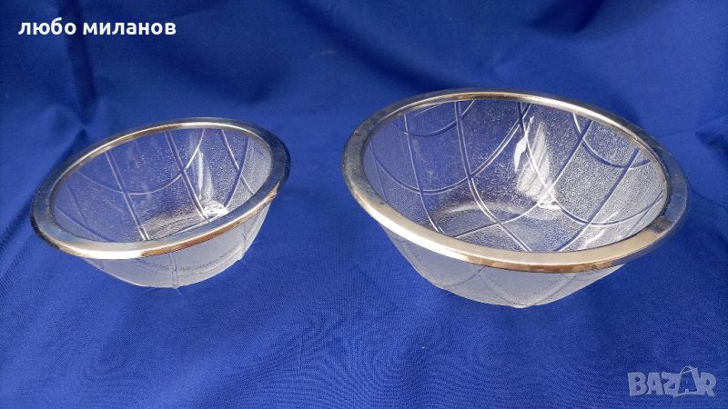 Две стъклени купи с метални околожки, релефни шарки, снимка 1