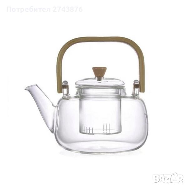Стъклен чайник от Боросилкатно стълко,Стъклена цедка за чай, С топлоустоичива дръжка,Обем- 1л. , снимка 1