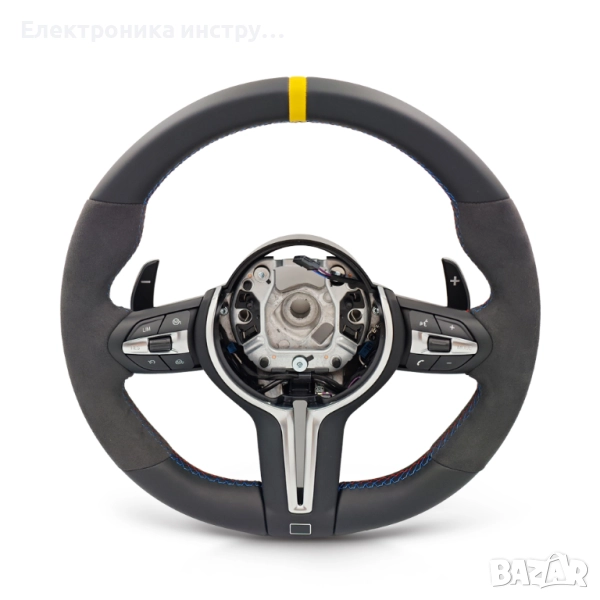 ME06 BMW M Sport Alcantara мултифункционален волан с жълта маркировка и пера – F-серия + airbag, снимка 1