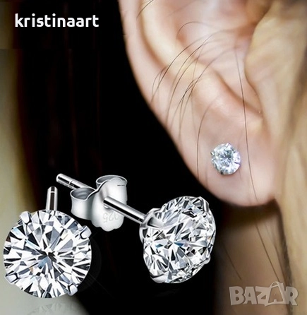 Сребърни обеци на винт с кристали Сваровски ,10мм, снимка 1