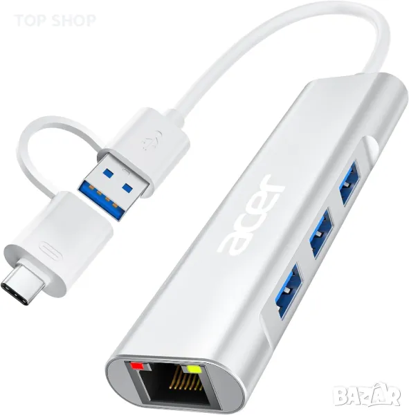 Acer USB C към Ethernet адаптер,USB-A/C хъб с 3 USB-A 3.1 и 1Gbps RJ45, снимка 1