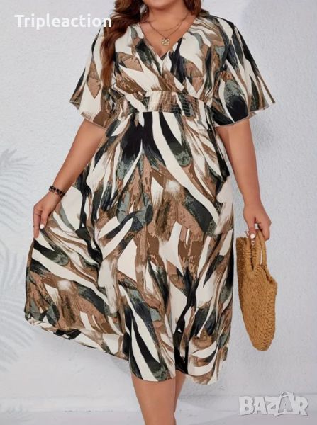 Елегантна лятна рокля, Plus Size 3XL, Tropical Print, Cinched Waist , снимка 1