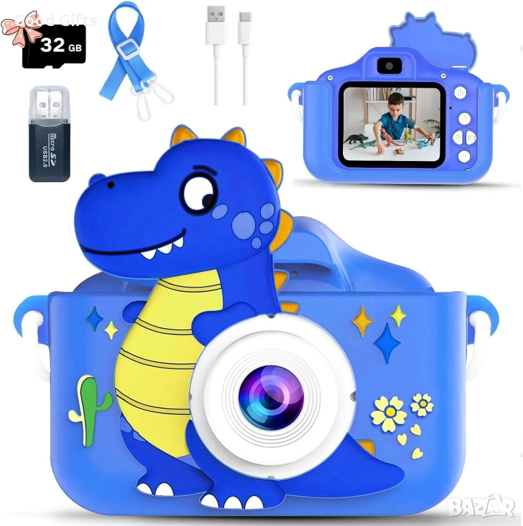 Детска дигитална камера с динозавър – Dual камера отпред и отзад, 1080P видео, 32GB карта, игри и ра, снимка 1