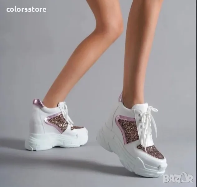 Кецове на платформа - бяла кожа с розов брокат - PA950, снимка 1