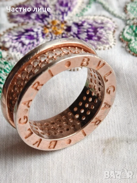 Разкошен Сребърен Позлатен Пръстен BVLGARI с Бели Циркони, снимка 1
