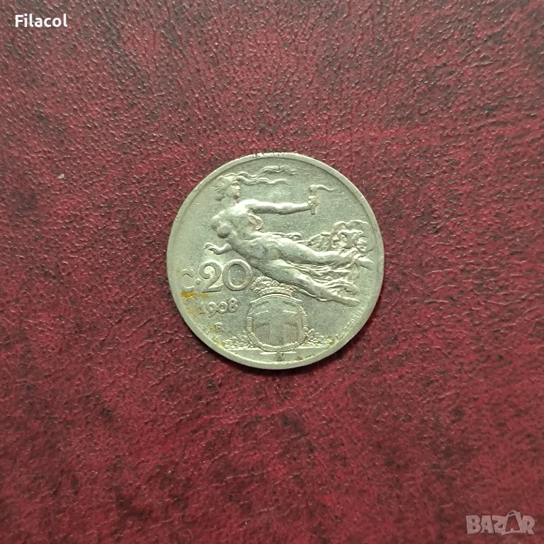 Италия 20 чентесими 1908 г., снимка 1