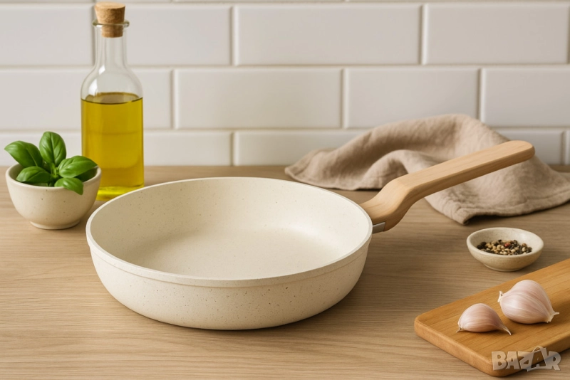 Тиган Voltz Nice 24x6.3см., 28x6.8см., Дълбок, Кован алуминий, Мраморно покр., Индукция, Кремав мела, снимка 1