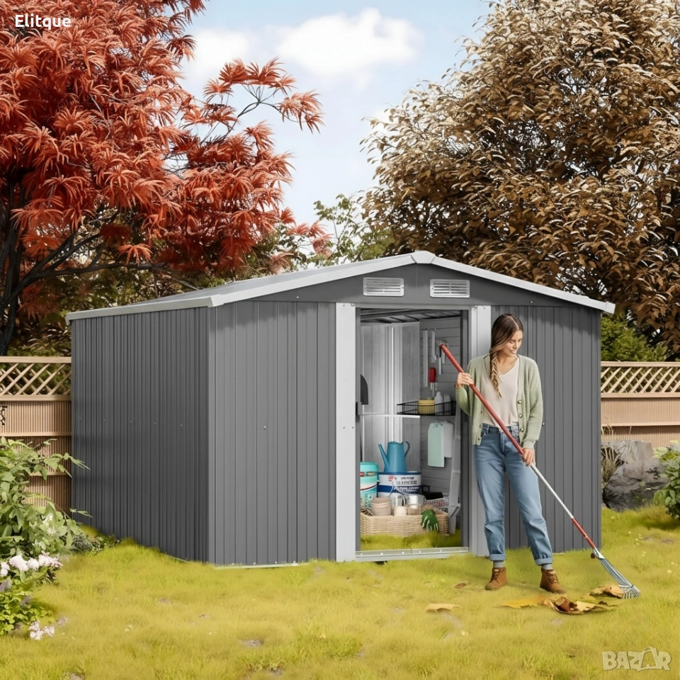 Метална градинска къща за инструменти с вентилация и заключване - 277 × 299 × 192 см, снимка 1