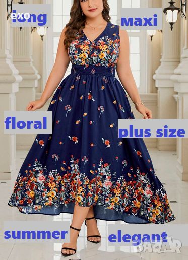 Рокля голям размер, Елегантна рокля на цветя, Флорална рокля, Рокля голям размер, снимка 1