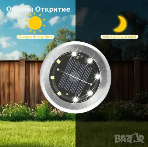 Соларни външни лампи. Водоустойчиви Комплект 4 броя. Бяла светлина 8 LED, снимка 4 - Соларни лампи - 50100587