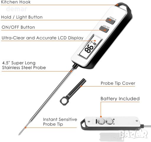 Цифров термометър за храна с LCD екран с подсветка, дълга сонда и автоматично включване/изключване, снимка 2 - Аксесоари за кухня - 45622527