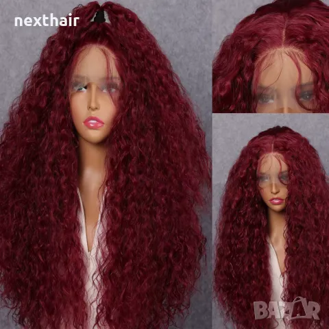 Къдрава лейс фронт тъмно червена бордо синтетична перука с дантела 13*4, снимка 2 - Аксесоари за коса - 50050233