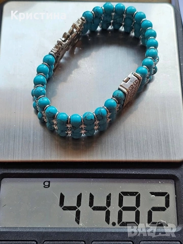 Уникална сребърна гривна с Тюркоази и Рубини, снимка 10 - Гривни - 54058793