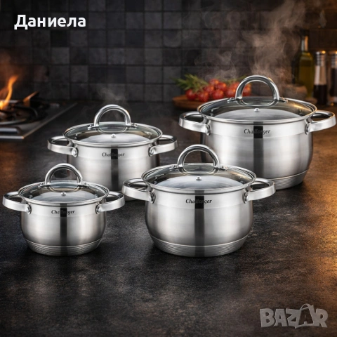 Комплект 4 тенджери от неръждаема стомана с индукционно дъно Cheffinger +ПОДАРЪК Ръчен чопър , снимка 2 - Съдове за готвене - 53163870