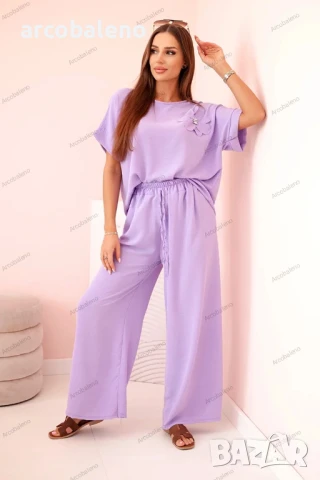 Дамски комплект от две части от вискоза с декоративно цвете и широки панталони, 14цвята , снимка 9 - Комплекти - 50508774