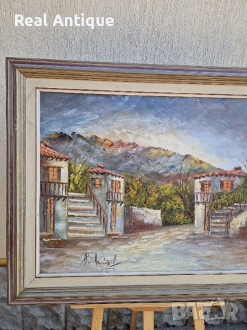 Прекрасна голяма антикварна авторска майсторска картина масло върху платно , снимка 5 - Картини - 51686409