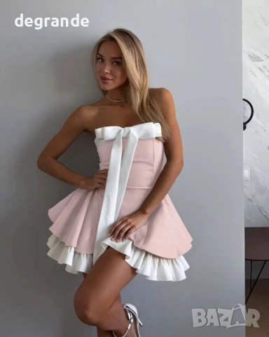 Дамска секси рокля с панделка в розово