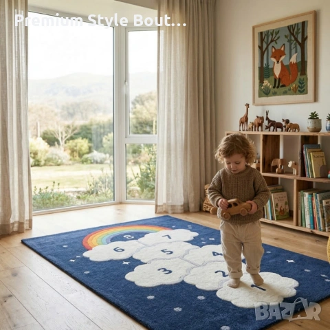 Детски килим за игра 120х160см - Тъмносин килим с облачета и дъга, противоплъзгащ и миещ се, снимка 4 - Други стоки за дома - 53922551