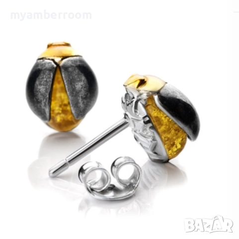 Сребърни обеци с Балтийски кехлибар. Скарабей