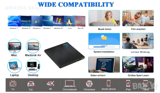 NOLYTH Blu-ray/DVD/CD външно устройство за лаптоп Mac PC Windows MacBook четене/запис Plug and play, снимка 7 - Лаптоп аксесоари - 54166157