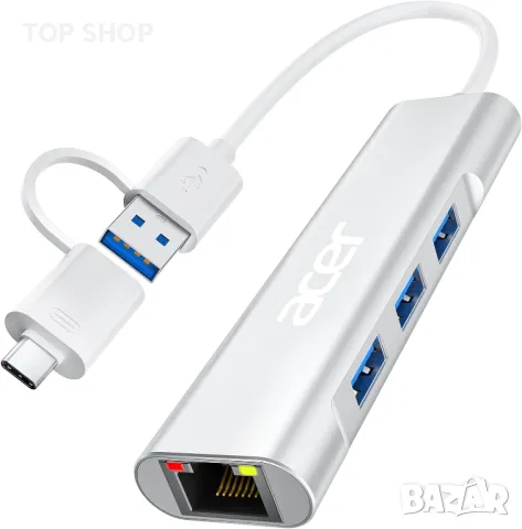 Acer USB C към Ethernet адаптер,USB-A/C хъб с 3 USB-A 3.1 и 1Gbps RJ45, снимка 1 - Кабели и адаптери - 49451938