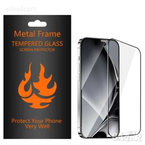 Стъклен протектор с метална рамка Metal Frame за iPhone 16 Pro Max, Черен, снимка 2 - Фолия, протектори - 47902556