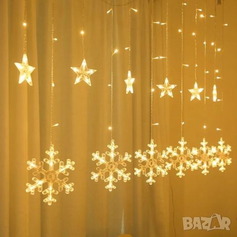 LED Завеса с коледни звезди, снежинки и елени, снимка 5 - Декорация за дома - 46439686