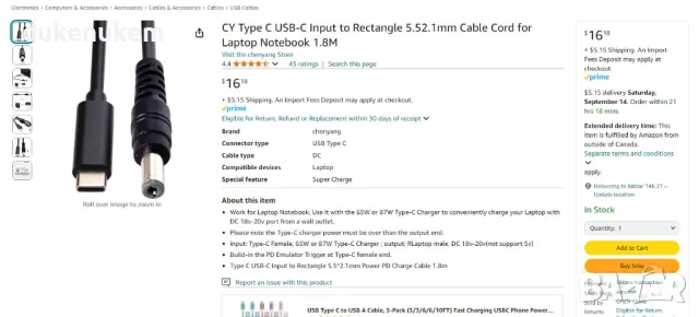 НОВ! USB-C към DC 5.5 x 2.1 mm кабел 65W 87W 1.8m за лаптоп, снимка 7 - Кабели и адаптери - 47197423