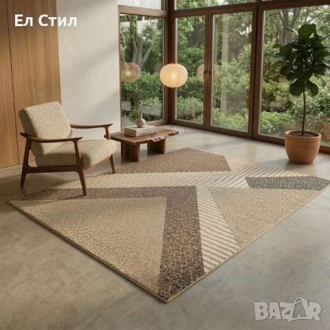 Модерен килим за хол 120х160см - Златисти триъгълници и райета и 3D ефект, Противоплъзгащ, снимка 2 - Килими - 53928365