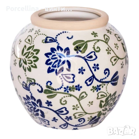 Керамична ваза със заоблена форма – синьо и зелено 