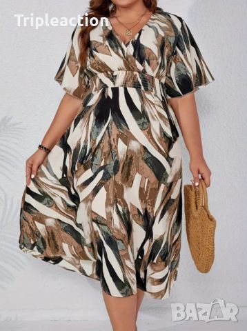 Елегантна лятна рокля, Plus Size 3XL, Tropical Print, Cinched Waist , снимка 1 - Рокли - 46519130