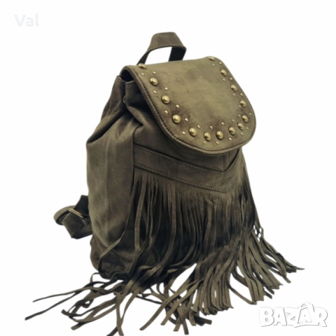 Велурена дамска раница с ресни и метални нитове-бохо стил и практичност, снимка 15 - Чанти - 52475253