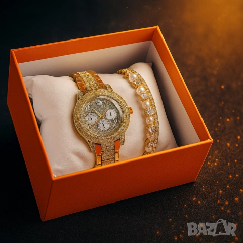 Дамски часовник с гривни – готово решение за ефектен подарък, снимка 2 - Бижутерийни комплекти - 51967855