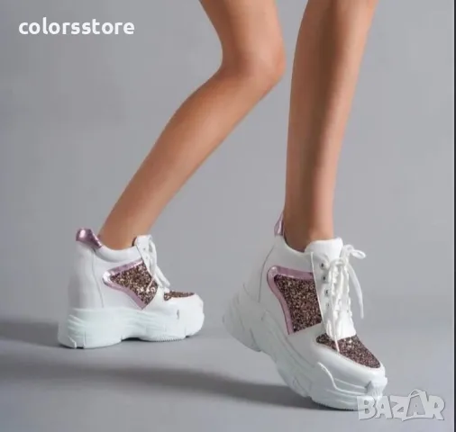 Кецове на платформа - бяла кожа с розов брокат - PA950