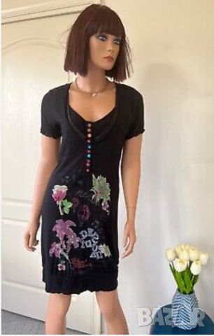 Desigual L, XL- Лятна рокля в черно с флорален принт и разноцветни копченца , снимка 2 - Рокли - 45679155
